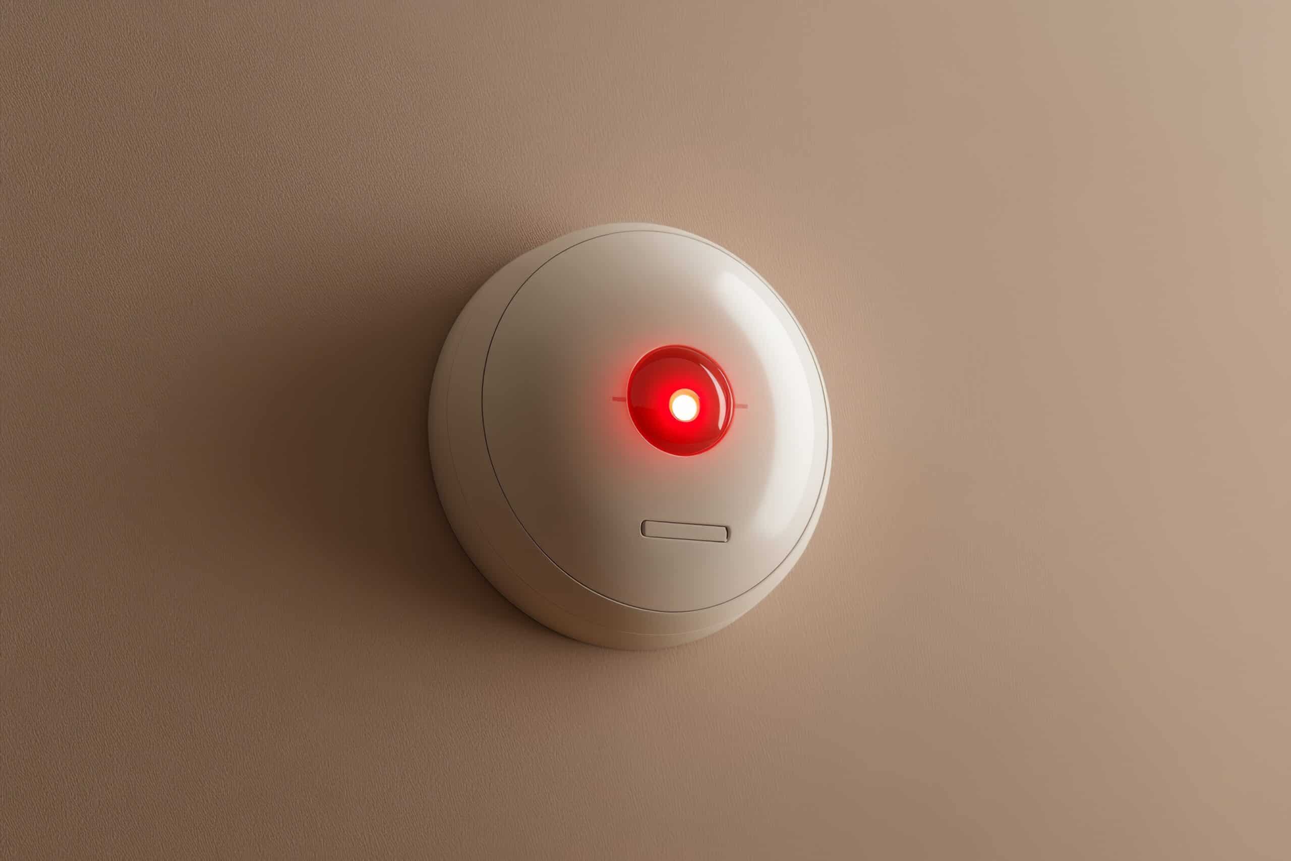 Fire Alarm, Smoke Detector, Fire Detector. Safety Device Installed at Wall. Smart Home Security System in Hotel, Apartment Room, Home or Office. For Service Engineering Company Site or Advertising.