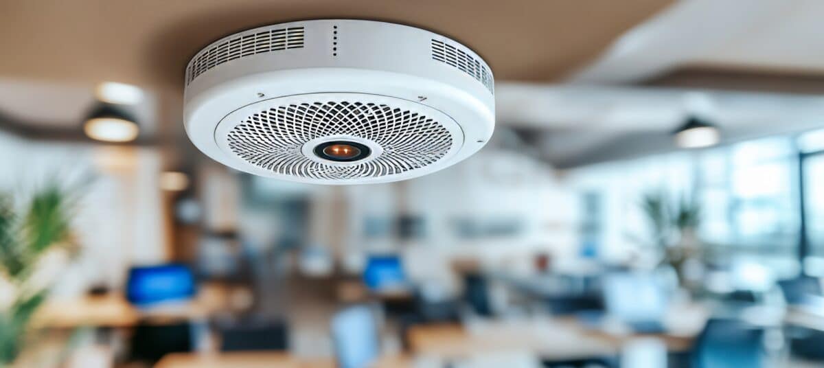 Modern Smoke Detector Installed On Office Ceiling, Ensuring Safety and Security in the Workplace