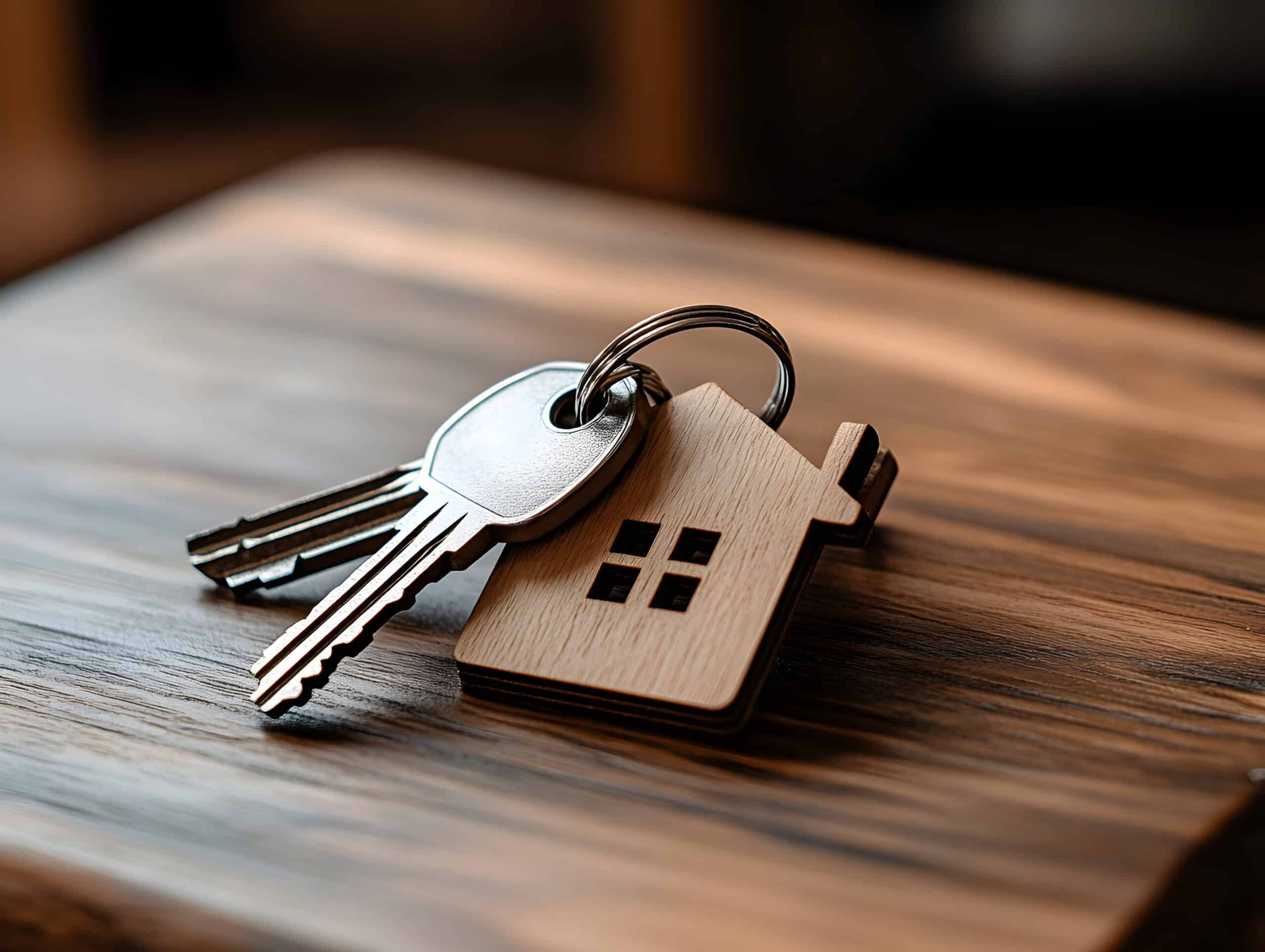 Llaves de casa con llavero de madera en forma de casa