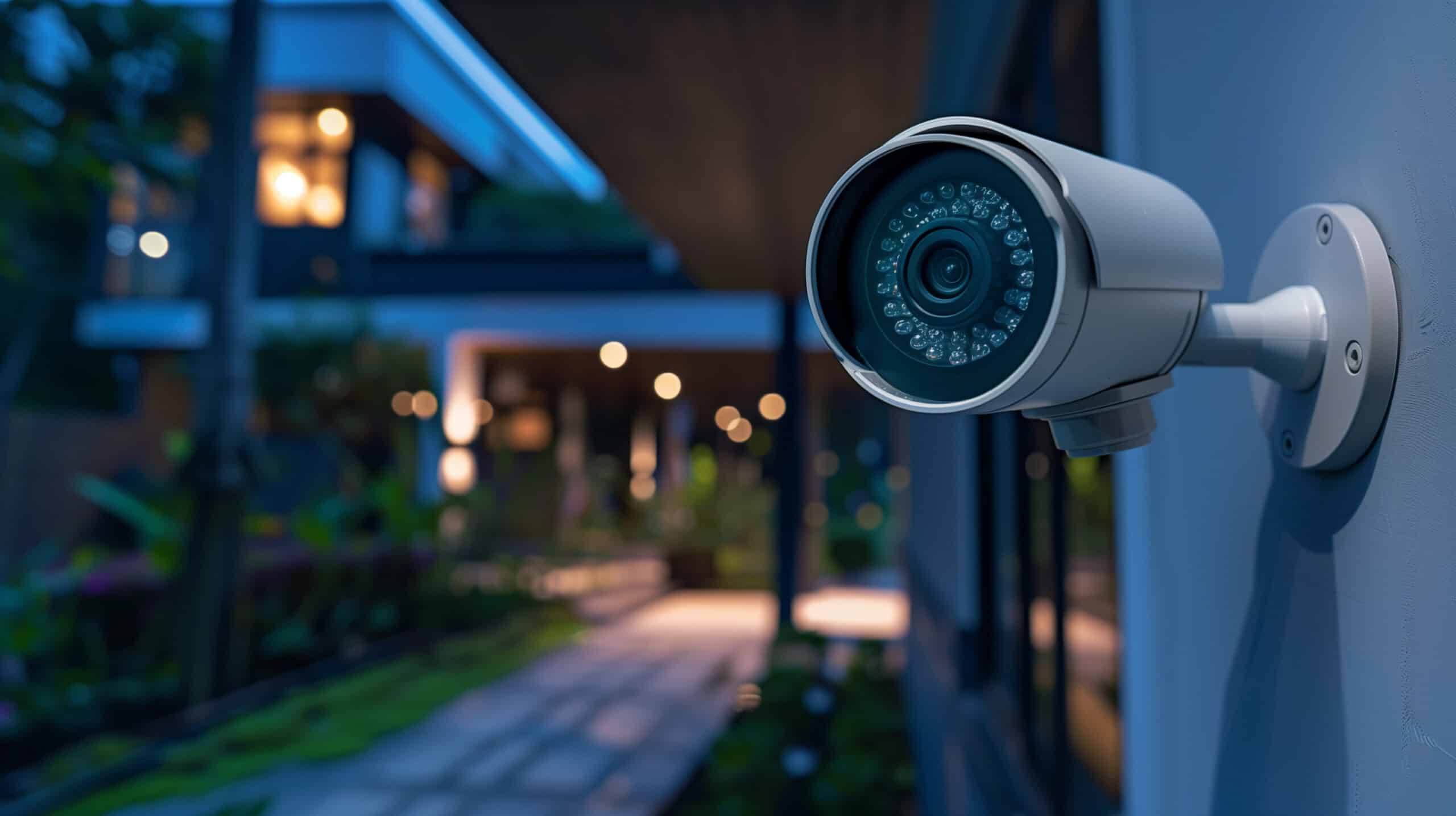Close-up view of a modern home security camera monitoring vigilantly, showing details of advanced technology and vigilance around the area, Ai Generated Images