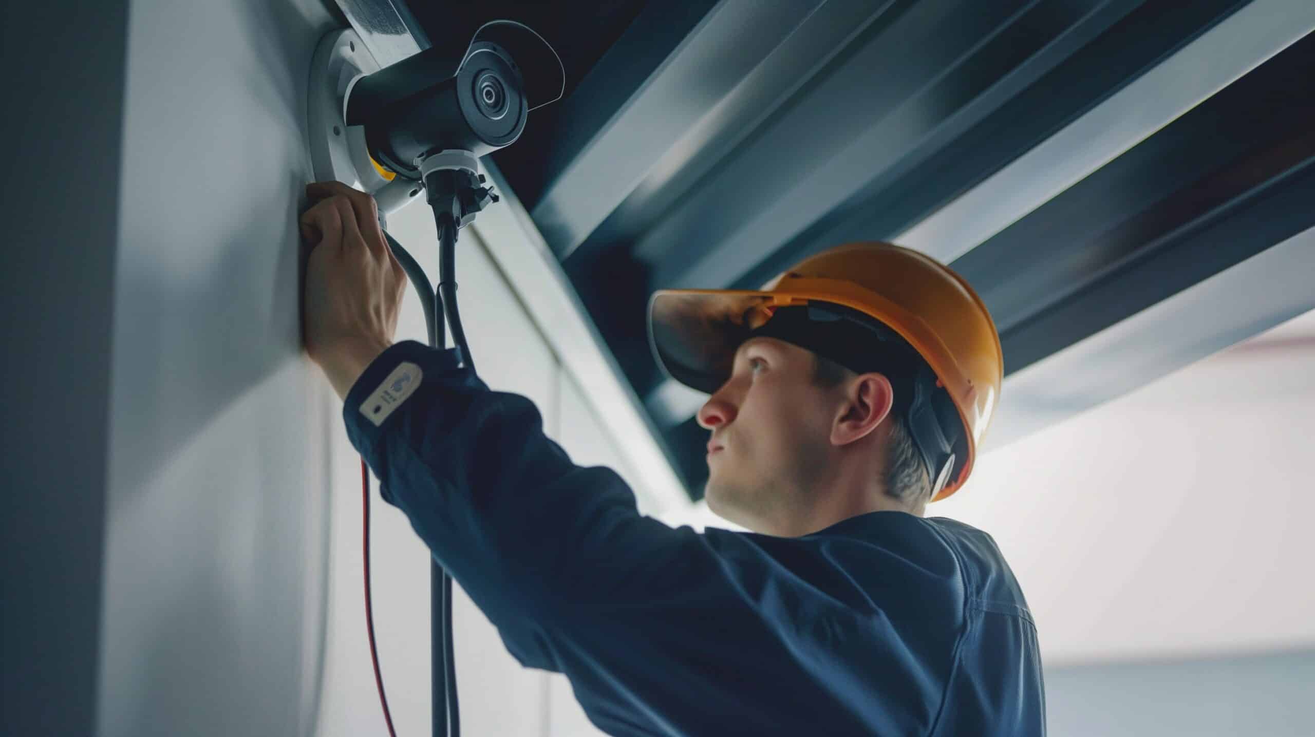 Technician installing a security camera indoors, highlighting modern home security solutions and professional installation services.