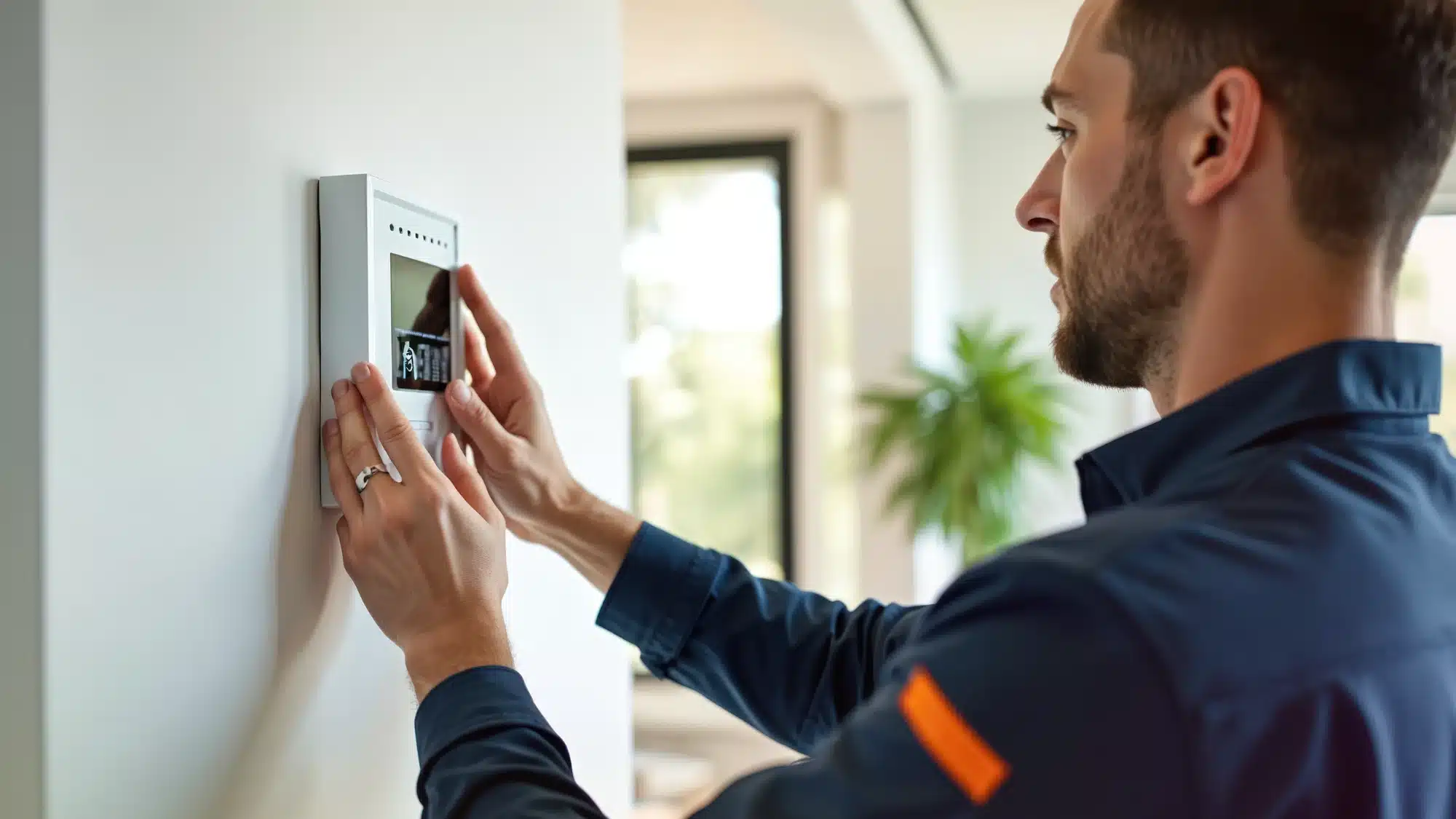 Technician installing home burglar alarm system for complete security