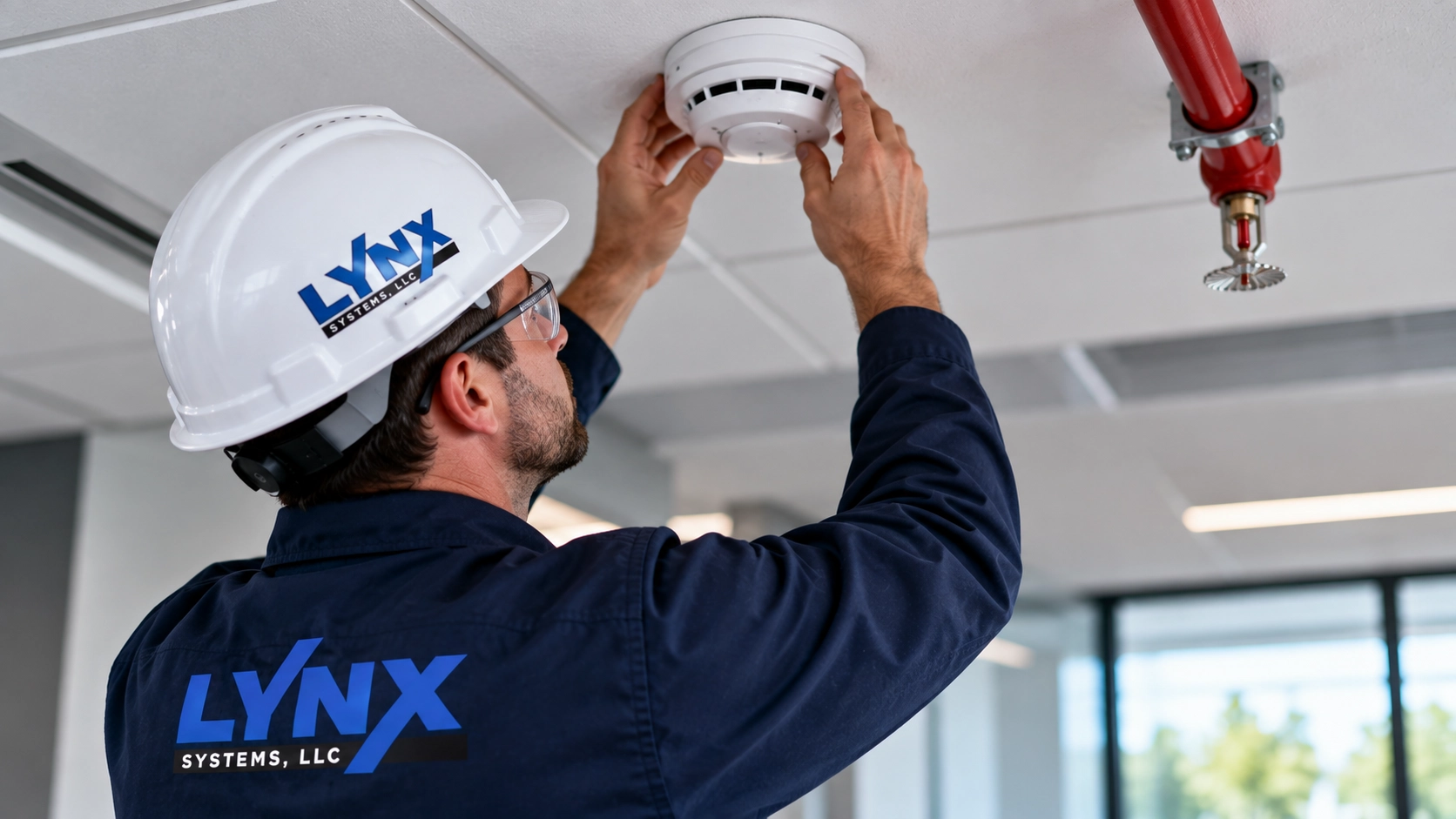 Fire alarm technician testing a commercial smoke detector in Connecticut Fire Protection Services Near Me