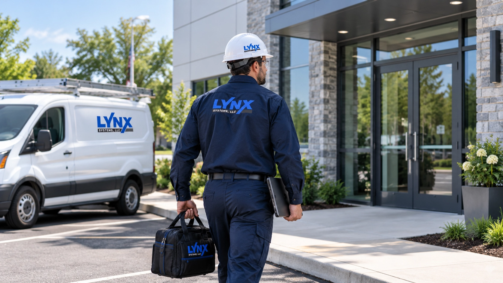 Lynx Systems fire protection technician arriving at a commercial property in Connecticut Fire Protection Services Near Me