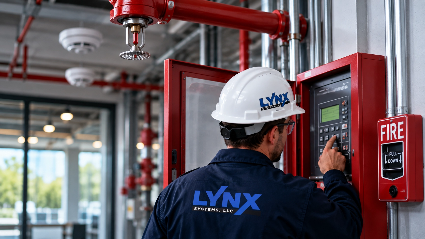 Lynx Systems technician completing a fire alarm inspection in Connecticut Fire Protection Services Near Me