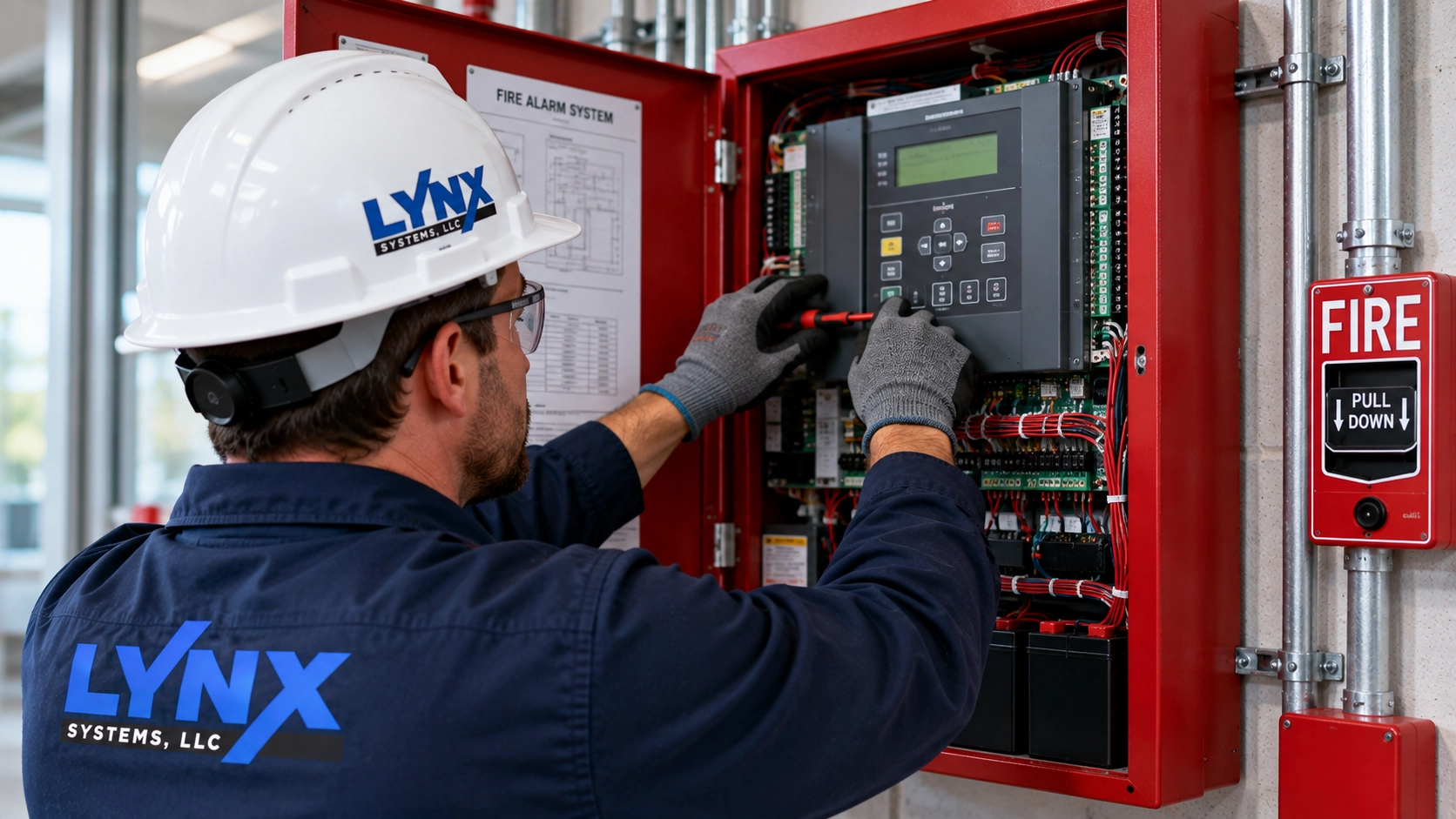 Lynx Systems technician performing commercial fire alarm maintenance in Connecticut Fire Protection Services Near Me
