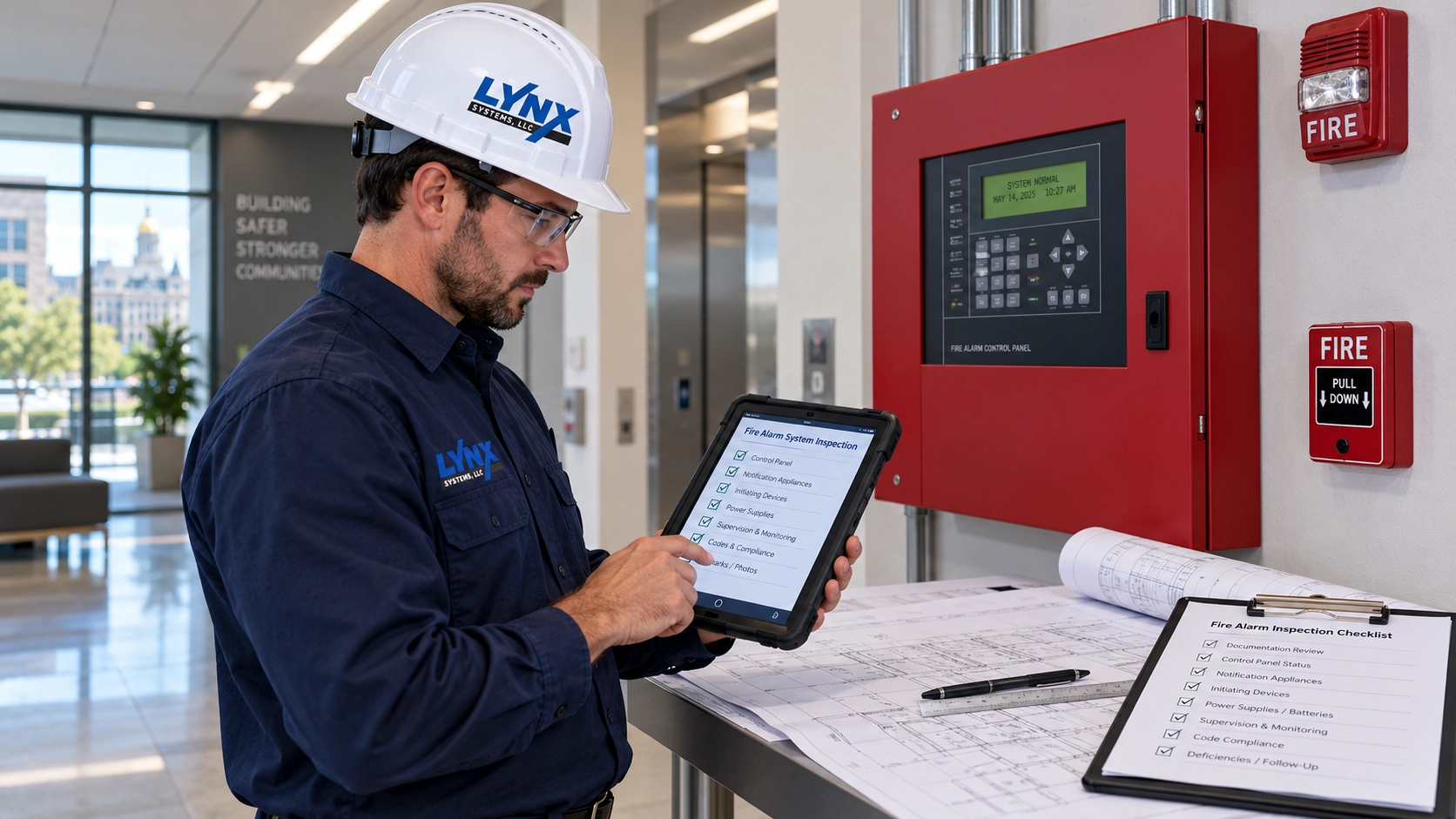 Lynx Systems technician reviewing Connecticut fire protection codes and fire alarm requirements Fire Protection Services Near Me