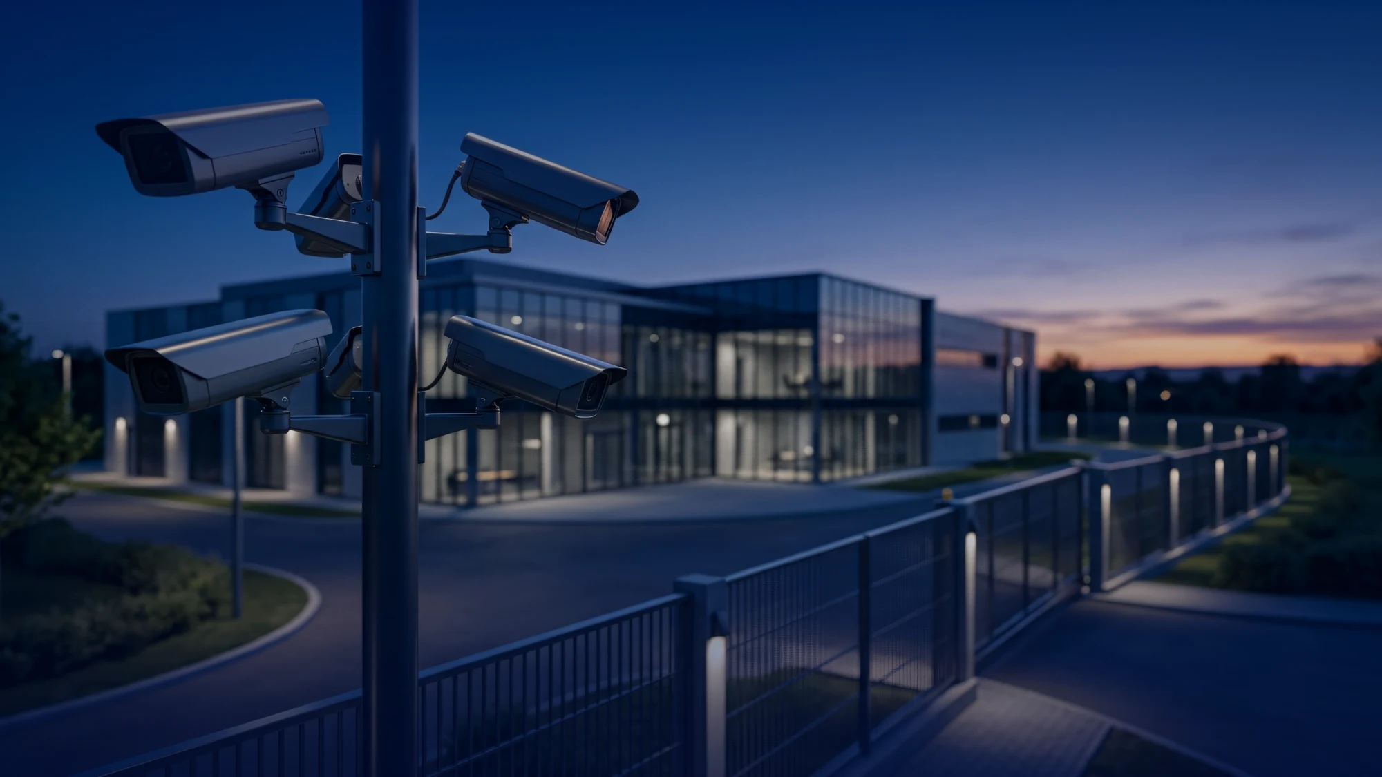 Nighttime business scene in Southington with enhanced security features